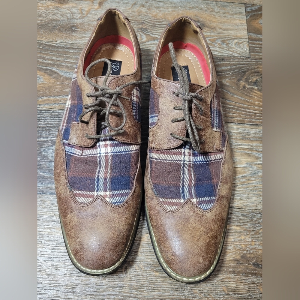 Parrazo Mens Size 12 Wingtip Oxford Shoes Brown Leather Plaid Fabric